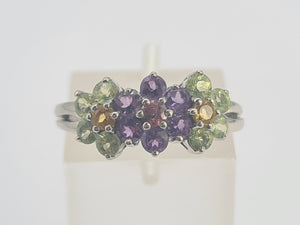 0352: Vintage: 14ct White Gold Multi-Gems Floral Ring- lovely colour mix