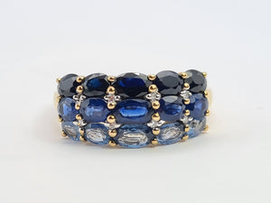 0489: Vintage 9ct Gold Mixed Blue Sapphires Diamonds Tiered Ring- a rare find