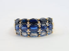 Load image into Gallery viewer, 0489: Vintage 9ct Gold Mixed Blue Sapphires Diamonds Tiered Ring- a rare find
