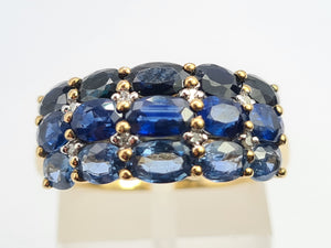 0489: Vintage 9ct Gold Mixed Blue Sapphires Diamonds Tiered Ring- a rare find