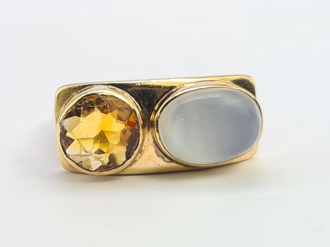 0509: Vintage Exceptional 9ct Gold Moonstone Citrine Ring- rare, iconic