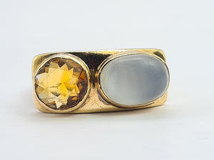 0509: Vintage Exceptional 9ct Gold Moonstone Citrine Ring- rare, iconic