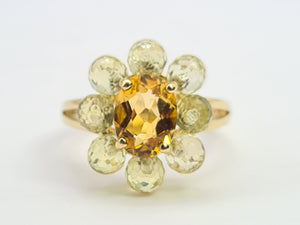 0510: Vintage 9ct Gold Orange Citrine Peridots Flower Head Ring-Splendid