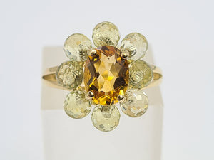 0510: Vintage 9ct Gold Orange Citrine Peridots Flower Head Ring-Splendid