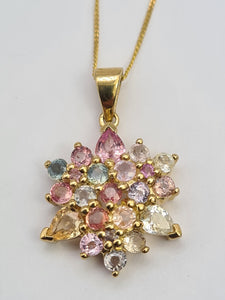 0515: Vintage 9ct Gold Necklace (45cm) Rainbow Sapphires Pendant