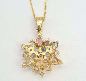 0515: Vintage 9ct Gold Necklace (45cm) Rainbow Sapphires Pendant