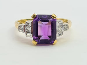 0516: Vintage 18ct Gold Emerald Cut Amethyst 6 Diamonds Trefoil Set Ring- Date-Mark 1967