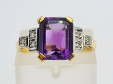 Load image into Gallery viewer, 0516: Vintage 18ct Gold Emerald Cut Amethyst 6 Diamonds Trefoil Set Ring- Date-Mark 1967
