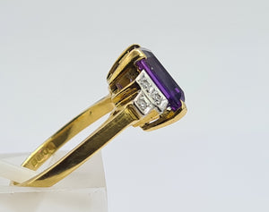 0516: Vintage 18ct Gold Emerald Cut Amethyst 6 Diamonds Trefoil Set Ring- Date-Mark 1967