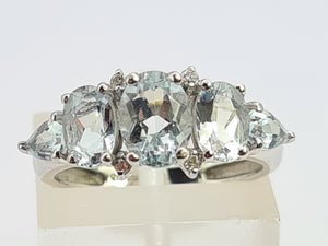 0519: Vintage: 9ct White Gold Blue Aquamarines Diamonds Dress Ring- Lovely combination