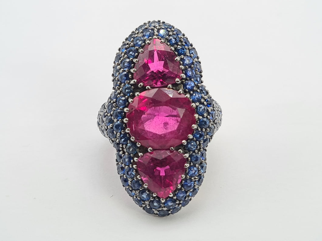 0590: Vintage: Spectacular 18ct White Gold Pink Tourmalines Blue Sapphires Statement Ring