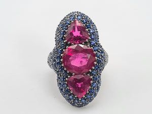 0590: Vintage: Spectacular 18ct White Gold Pink Tourmalines Blue Sapphires Statement Ring