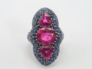 0590: Vintage: Spectacular 18ct White Gold Pink Tourmalines Blue Sapphires Statement Ring