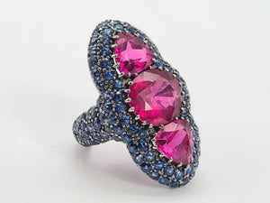 0590: Vintage: Spectacular 18ct White Gold Pink Tourmalines Blue Sapphires Statement Ring