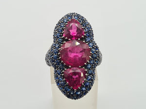 0590: Vintage: Spectacular 18ct White Gold Pink Tourmalines Blue Sapphires Statement Ring