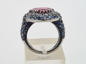 0590: Vintage: Spectacular 18ct White Gold Pink Tourmalines Blue Sapphires Statement Ring