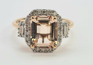 0648: Vintage: 14ct Rose Gold Emerald Cut Pink Morganite Diamonds Ring- exquisite