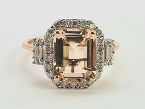 0648: Vintage: 14ct Rose Gold Emerald Cut Pink Morganite Diamonds Ring- exquisite