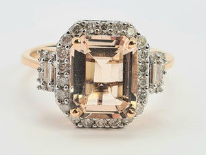 0648: Vintage: 14ct Rose Gold Emerald Cut Pink Morganite Diamonds Ring- exquisite