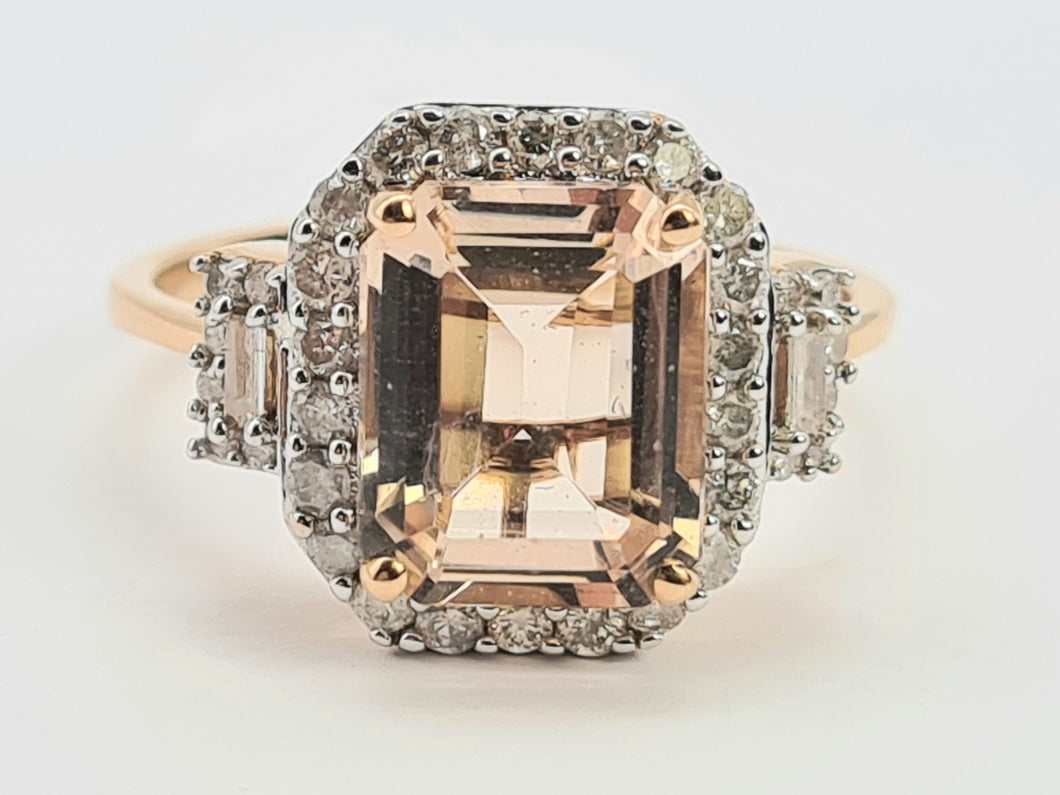 0648: Vintage: 14ct Rose Gold Emerald Cut Pink Morganite Diamonds Ring- exquisite