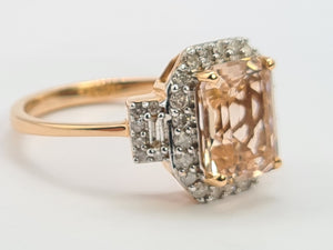 0648: Vintage: 14ct Rose Gold Emerald Cut Pink Morganite Diamonds Ring- exquisite