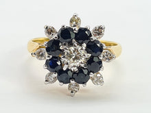 Load image into Gallery viewer, 0670: Vintage: 18ct Gold 8 Blue Sapphires 9 Round Cut Diamonds Floral Cluster Ring- Date Mark 1975
