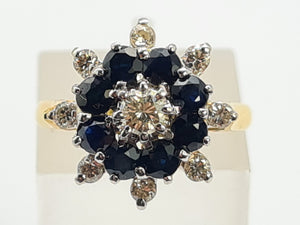 0670: Vintage: 18ct Gold 8 Blue Sapphires 9 Round Cut Diamonds Floral Cluster Ring- Date Mark 1975