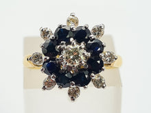 Load image into Gallery viewer, 0670: Vintage: 18ct Gold 8 Blue Sapphires 9 Round Cut Diamonds Floral Cluster Ring- Date Mark 1975
