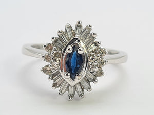 0527: Vintage: 9ct White Gold Cornflower Blue Sapphire Diamonds (0.45ct) Cluster Ring