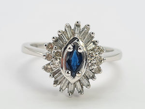 0527: Vintage: 9ct White Gold Cornflower Blue Sapphire Diamonds (0.45ct) Cluster Ring