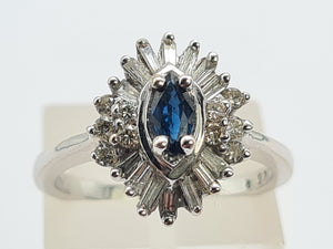 0527: Vintage: 9ct White Gold Cornflower Blue Sapphire Diamonds (0.45ct) Cluster Ring