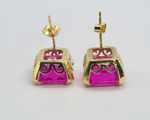 Load image into Gallery viewer, 0301: Vintage &amp; Old: 18ct Gold Emerald Cut Pink Sapphires Stud Earrings- Barbie Pink
