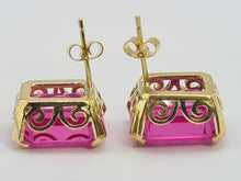 Load image into Gallery viewer, 0301: Vintage &amp; Old: 18ct Gold Emerald Cut Pink Sapphires Stud Earrings- Barbie Pink
