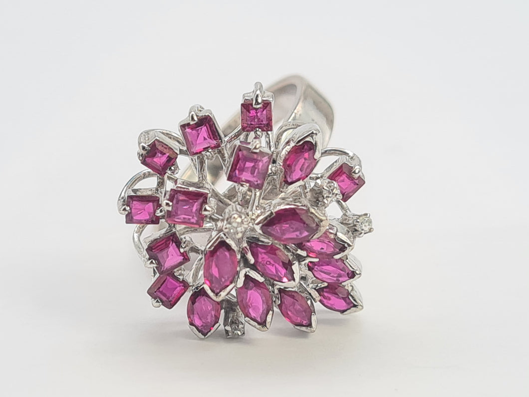 0127: Vintage: 18ct White Gold Pink Rubies Diamonds Spray Cluster Ring