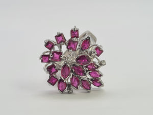 0127: Vintage: 18ct White Gold Pink Rubies Diamonds Spray Cluster Ring