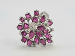 0127: Vintage: 18ct White Gold Pink Rubies Diamonds Spray Cluster Ring