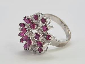 0127: Vintage: 18ct White Gold Pink Rubies Diamonds Spray Cluster Ring