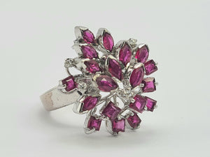 0127: Vintage: 18ct White Gold Pink Rubies Diamonds Spray Cluster Ring