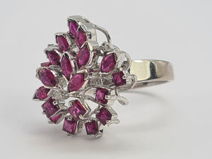 0127: Vintage: 18ct White Gold Pink Rubies Diamonds Spray Cluster Ring