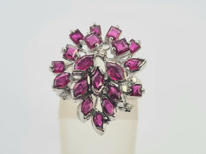 0127: Vintage: 18ct White Gold Pink Rubies Diamonds Spray Cluster Ring