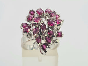 0127: Vintage: 18ct White Gold Pink Rubies Diamonds Spray Cluster Ring