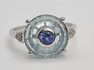 0431 Vintage: 9ct White Gold Tanzanite, Topaz, Diamonds Art Deco Style Cocktail Ring