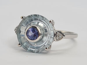 0431 Vintage: 9ct White Gold Tanzanite, Topaz, Diamonds Art Deco Style Cocktail Ring