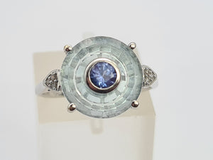 0431 Vintage: 9ct White Gold Tanzanite, Topaz, Diamonds Art Deco Style Cocktail Ring