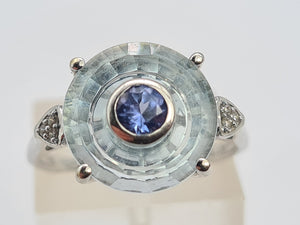 0431 Vintage: 9ct White Gold Tanzanite, Topaz, Diamonds Art Deco Style Cocktail Ring