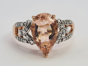 0438: Vintage: 9ct Rose Gold Pink Morganite 14 Diamonds Ring- Peachy