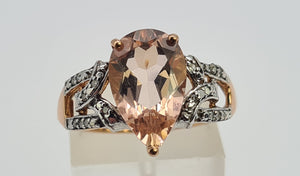 0438: Vintage: 9ct Rose Gold Pink Morganite 14 Diamonds Ring- Peachy