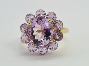 0435: Vintage 9ct Gold 11 Lilac Amethysts Flower Head Ring-