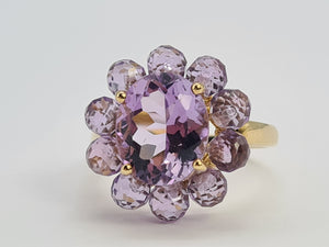 0435: Vintage 9ct Gold 11 Lilac Amethysts Flower Head Ring-