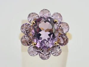 0435: Vintage 9ct Gold 11 Lilac Amethysts Flower Head Ring-